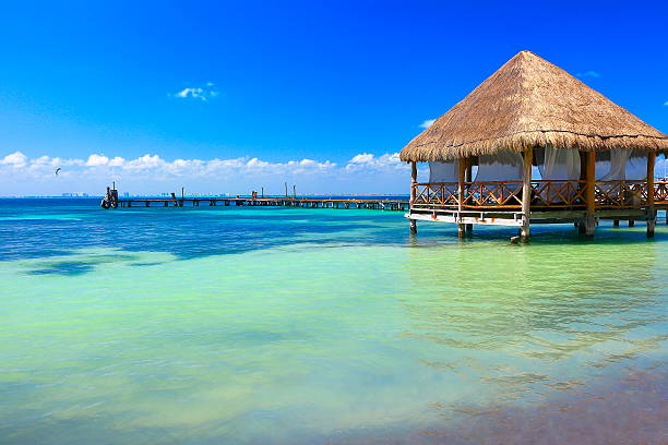 расслабление: пляж палапа тростниковой крышей-канкун, карибский тропический рай - beach tourist resort mexico tropical climate стоковые фото и изображения
