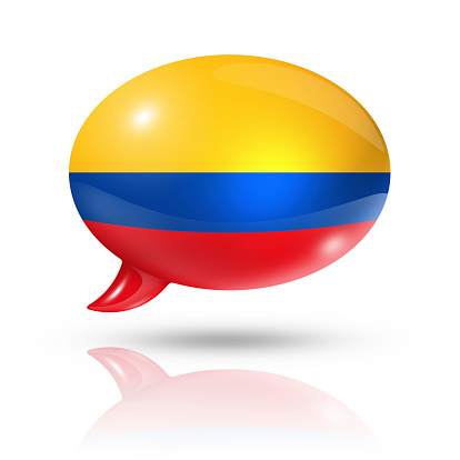 three dimensional Colombia flag in a speech bubble isolated on white with clipping path