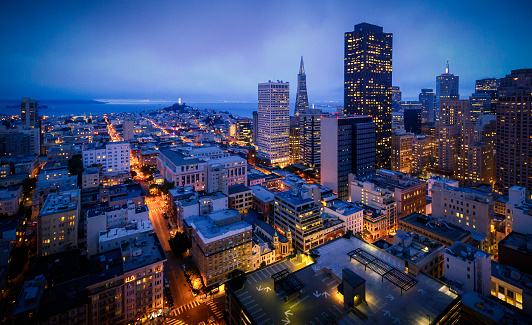 Aerial view of San Francisco Skyline at Night, California, USA