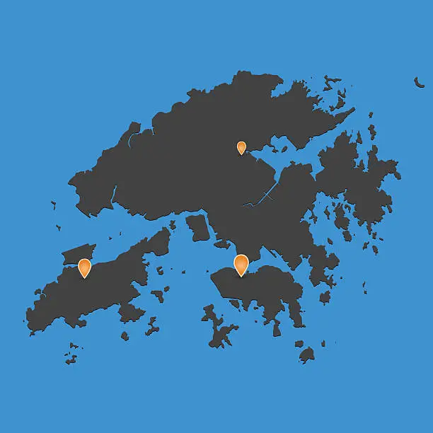 Vector illustration of Hong Kong map dark with markers on blue background