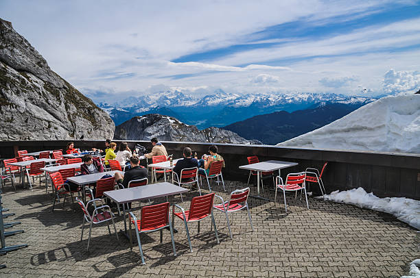 Beautiful alpine panorama on a sunny day from the top of Schilthorn, Switzerland, peak above Murren. Gorgeous landscape in switzerland with restaurant on the top