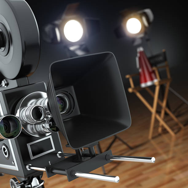 istock Video, movie, cinema concept. Retro camera, flash and director's 538653577