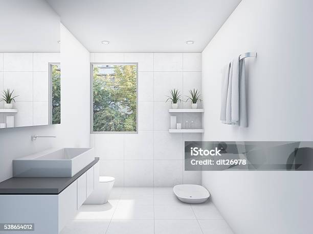 Wafel Erge, ernstige Lam Minimalistische Stijl Witte Badkamer 3d Render Stockfoto en meer beelden  van Badkamer - Badkamer, Douche, Modern - iStock