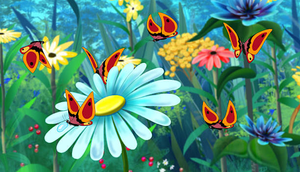 illustrazioni stock, clip art, cartoni animati e icone di tendenza di blu fiore farfalla rossa e completo immagine a colori - butterfly flower single flower grass