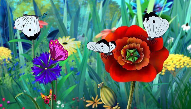 illustrazioni stock, clip art, cartoni animati e icone di tendenza di bianco farfalla e fiore rosso piena immagine a colori - butterfly flower single flower grass