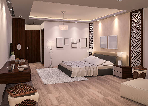 istock 3d rendering night bedroom with parquet floor 538654110