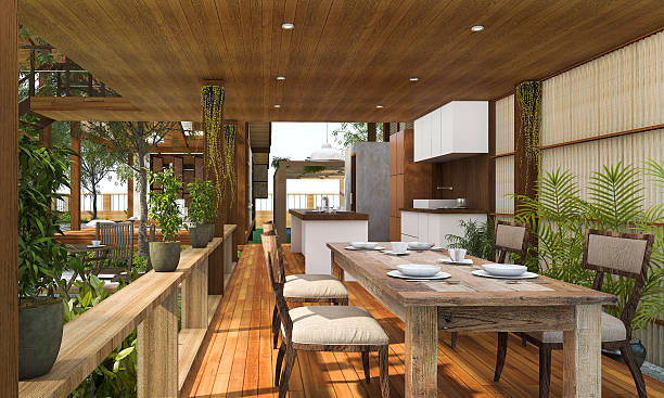 istock 3D rendering contemporary wood dining room with plants 538654468