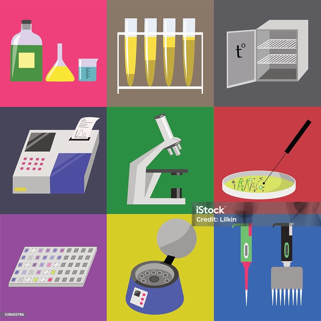 Microbiology laboratory icons set Microbiology laboratory icons set: labware, thermostat, microscope, analyzer, centrifuge etc. Vector illustration Incubator stock vector