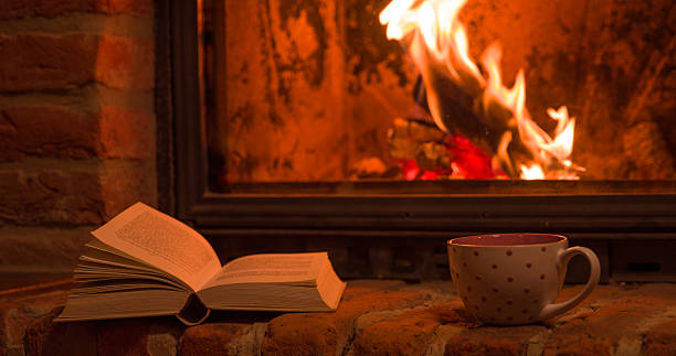 istock Close-up of coffee cup and book by fireplace 538658096