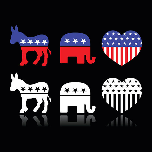 ilustraciones, imágenes clip art, dibujos animados e iconos de stock de estados unidos los partidos políticos símbolos-demócratas y los republicanos sobre negro - democratic party