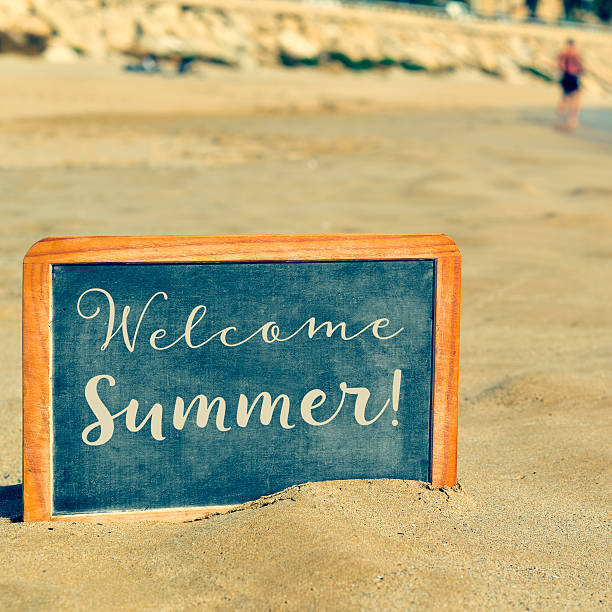 istock text welcome summer in a chalkboard, on the beach 538667482