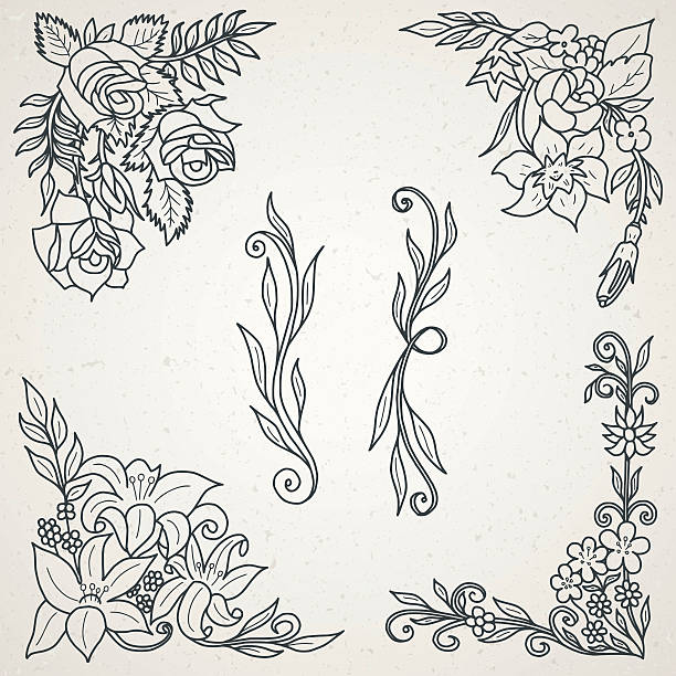 ręcznie narysowane kwiatowy elementy projektu do klatek - flourishes corner flower floral pattern stock illustrations