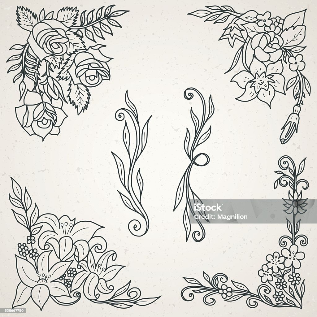 Hand Drawn Floral Design Elements for Frames Hand drawn floral design elements for frames and textured background. Vector illustration. Flower stock vector