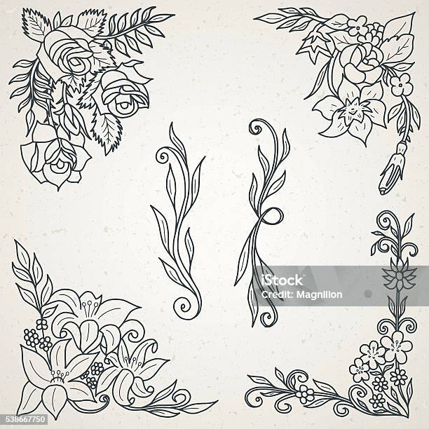 Hand Drawn Floral Design Elements For Frames Stock Illustration - Download Image Now - Flower, Floral Pattern, Border - Frame