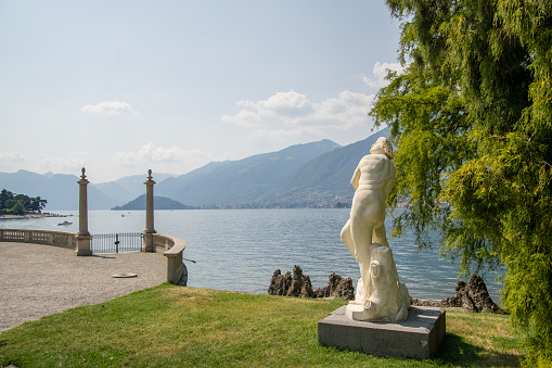 View on flowers and Lake Maggiore from Baveno (in Northern Italy, great lakes region)
