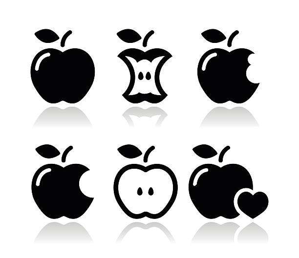 Apple, apple core, bitten, half vector icons Black icons set of apples isolated on white apple with bite out stock illustrations