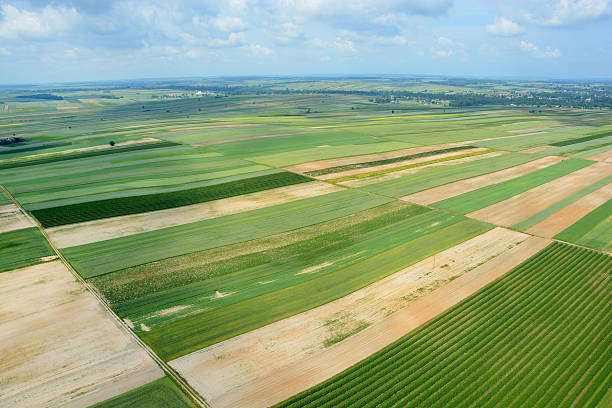 vue aérienne de la campagne - aerial view mid air farm field photos et images de collection