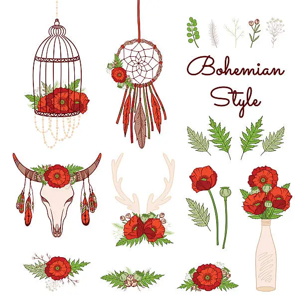 Vector illustration of Bohemian style collection with poppies.