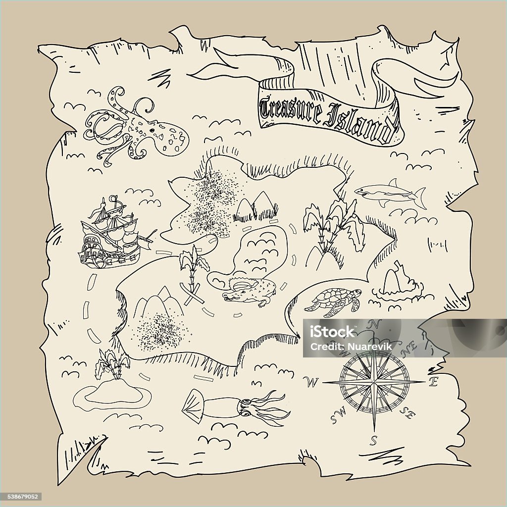 Treasure Island  map kids coloring page Manuscript stock illustration