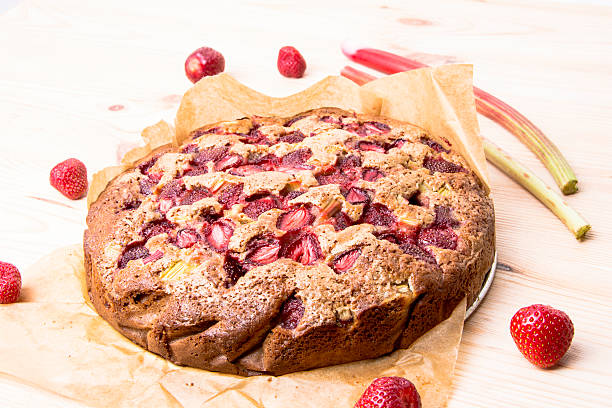 homemade strawberry and rhubarb cake stock photo