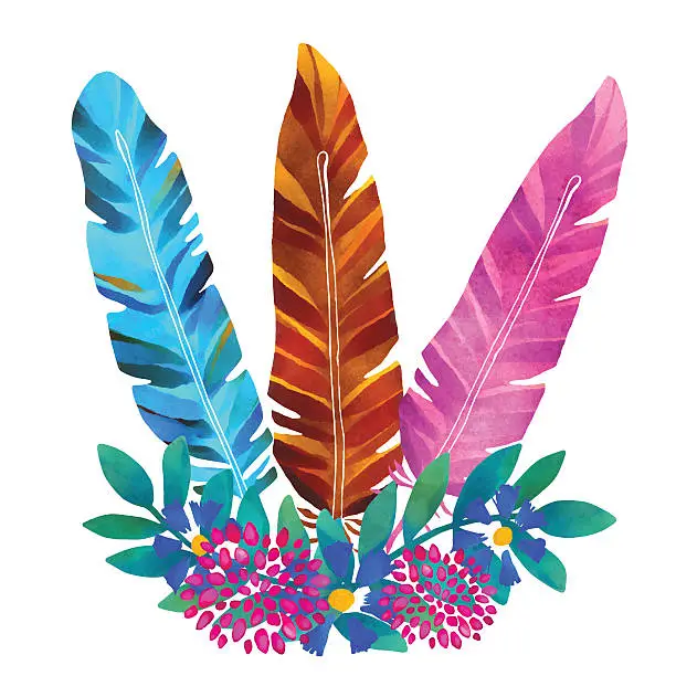Vector illustration of Watercolor posy, feathers, flowers, leafs
