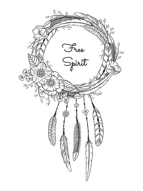 ilustrações de stock, clip art, desenhos animados e ícones de caça-sonhos com penas e flores. - native american north american tribal culture symbol dreamcatcher
