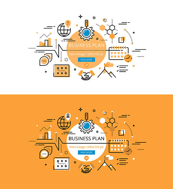 Business Plan. Flat line color hero imagesdesign concept Set of modern vector illustration concepts of business planning. Line flat design hero banners for websites and apps with call to action button, ready to use business plan document stock illustrations