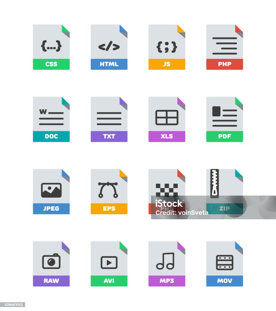 Flat colorful vector file format icons set isolated on white Flat colorful vector file format icons set isolated on white, document type flat icons. File format icons with images. File format label icons for web and mobile application. Flat file types icons Document stock vector