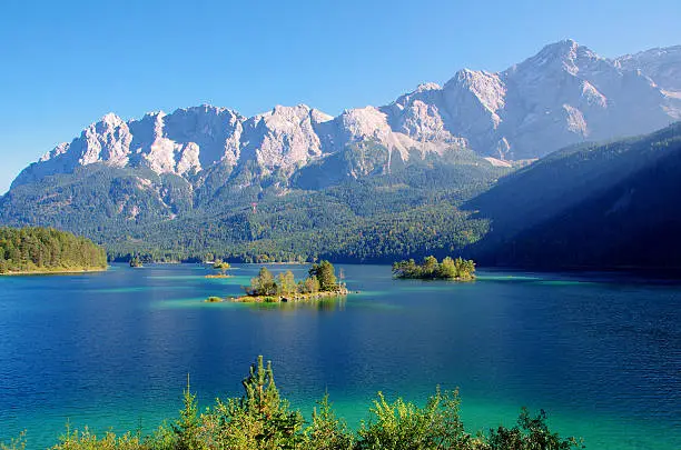View of Lake Eibsee and Zugspitze in the Alps near Garmisch Partenkirchen.
