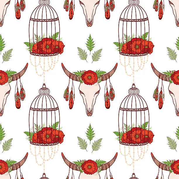Vector illustration of Seamless pattern with skull cow, poppies in cages.