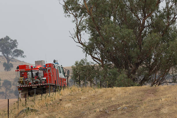 Rural Fire Service A photograph of a rural fire service truck at the aftermath of a bushfire on a dry Australian farm in central western NSW. The fire was started by a dry lighting strike on christmas day in 2014. It was brought under control with the help of the rural fire service who, despite it being christmas day, were on site within 15 minutes of the fire starting. Unfortunately there are no photos of the actual fire because it was busy being fought. cowra stock pictures, royalty-free photos & images