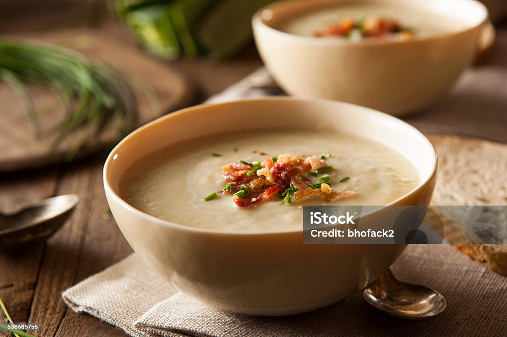 Homemade Creamy Potato and Leek Soup Homemade Creamy Potato and Leek Soup in a Bowl Soup Stock Photo