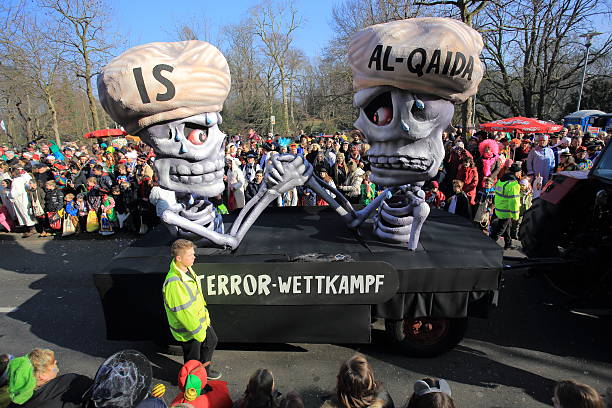 Duesseldorf, Germany - February 16, 2015: Shrove Monday (Rosenmontag) float with two skeletons named \