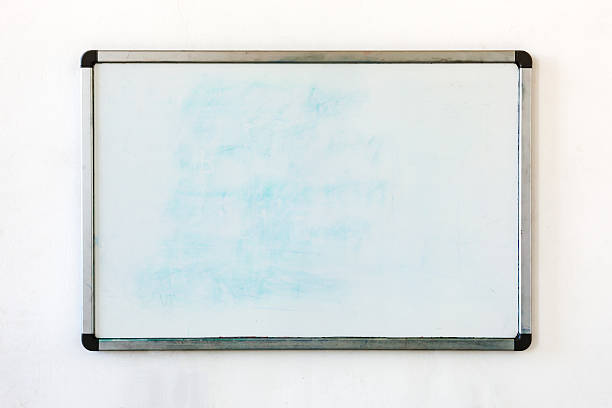 Old whiteboard for office with traces of stains and spots. stock photo