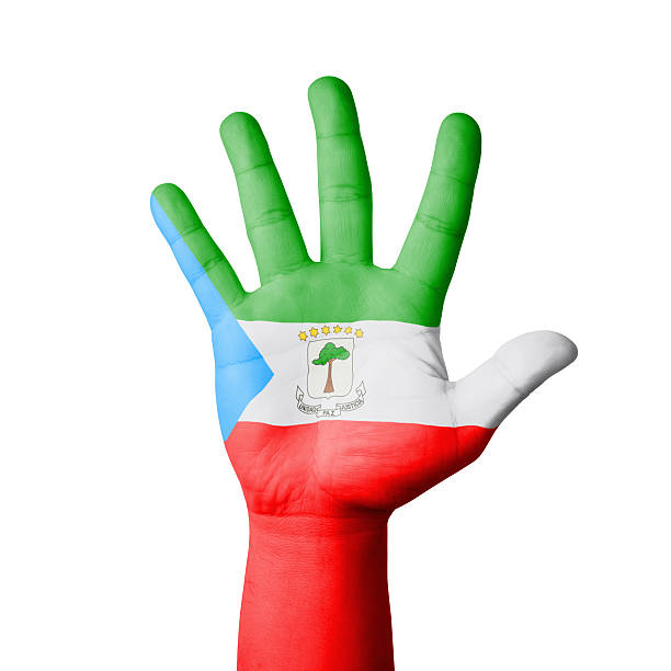istock Open hand raised, Equatorial Guinea flag painted 538688783