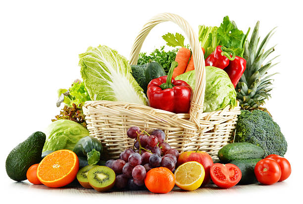 istock Wicker basket with groceries isolated on white 538691189