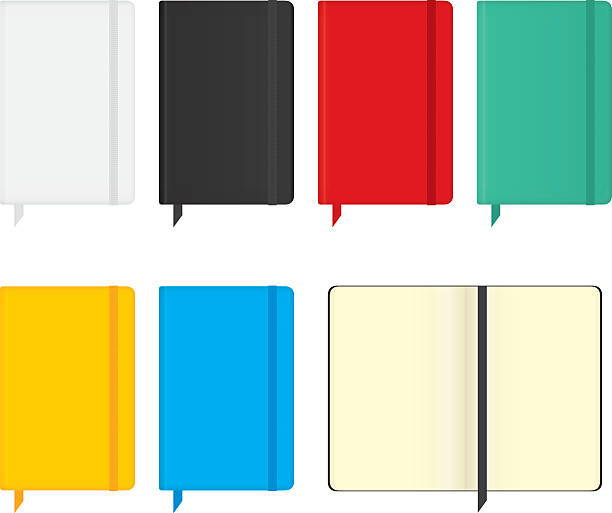 Moleskine notebooks Set of six notebooks, in different colors  and an open moleskin. moleskin stock illustrations