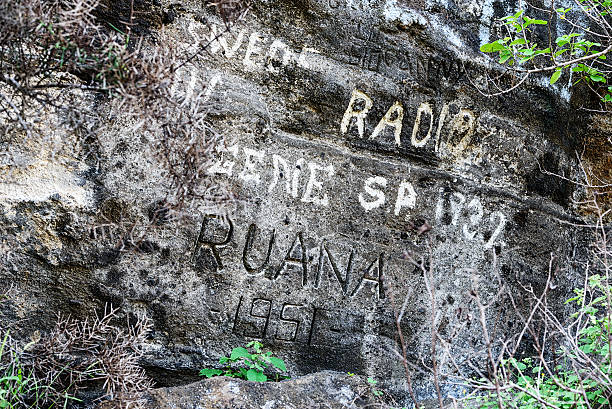 Tagus Cove, Ecuador - May 14, 2014: Old graffiti at Tagus Cove on Isabela Island in the Galapagos Islands, Ecuador. No people.