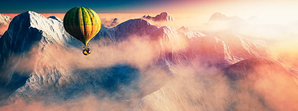 istock Steampunk hot air balloon flying over fantasy landscape 538705475