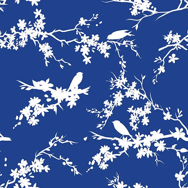 Vector illustration of Sakura Cherry Blossoms And Birds Seamless Pattern Blue White