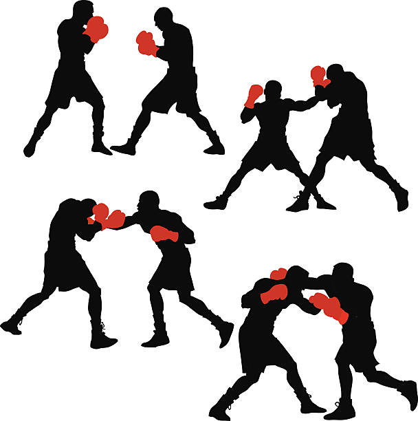 Boxing Silhouettes Set All images are placed on separate layers. They can be removed or altered if you need to. No gradients were used. No transparencies.  violence boxing fighting combative sport stock illustrations