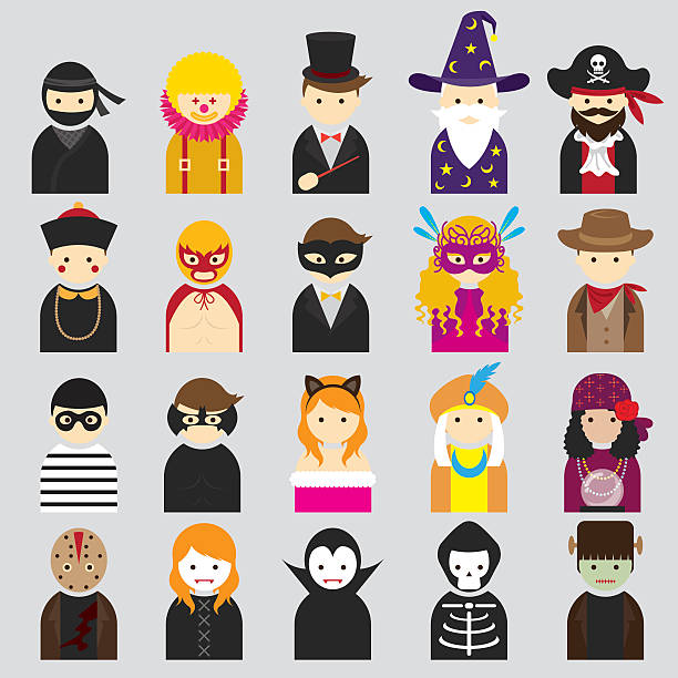 Various People Symbol Icons Fancy Mask Set People Occupation Symbol and Icons Set period costume stock illustrations