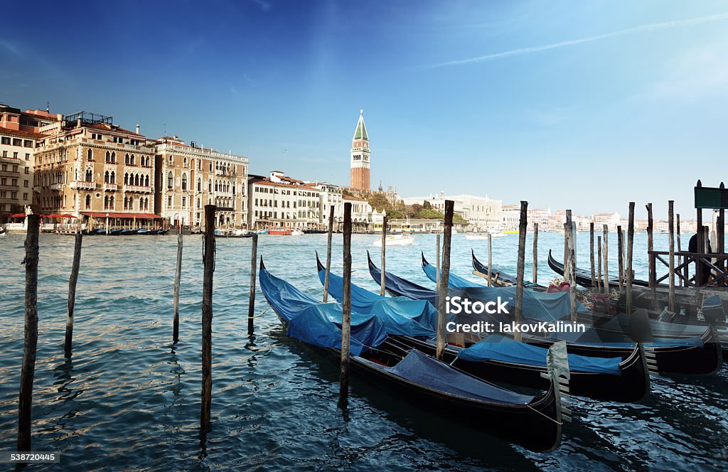 Gondolas on Grand Canal and St Marks Tower 2015 Stock Photo