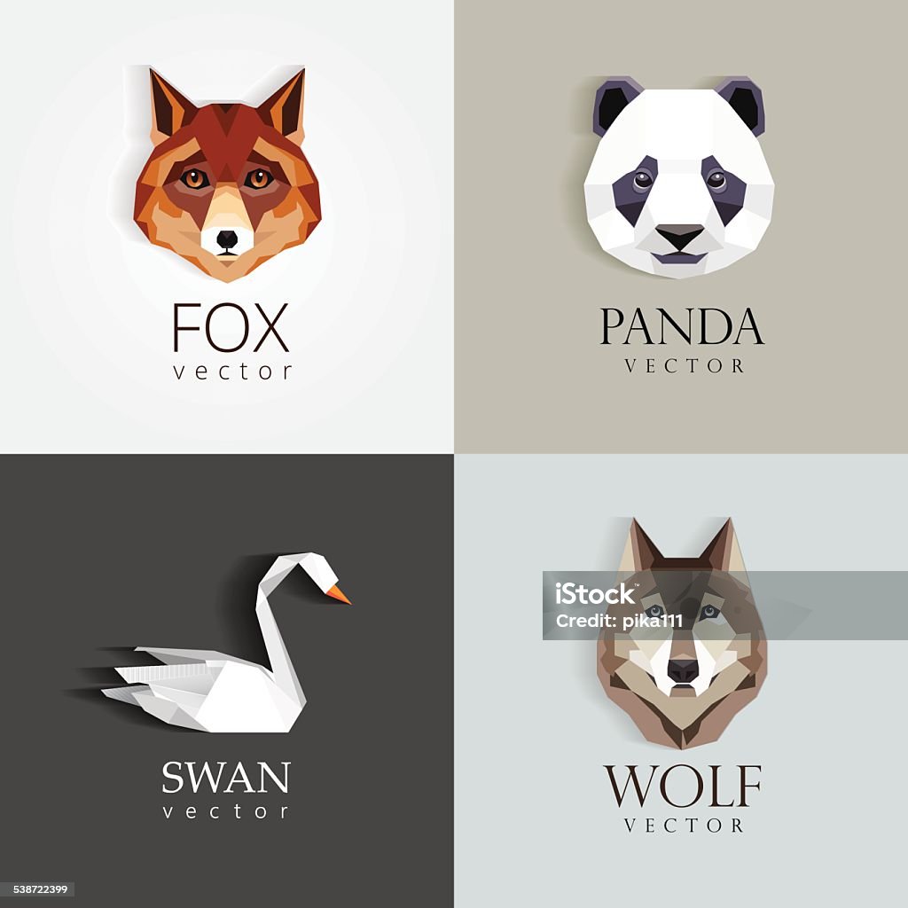 low polygon style animals- swan, fox, panda, wolf icons trendy low polygon style animal design element icons for business visual identity -swan, fox, panda bear and wolf- modern geometric triangular style. Contemporary artwork, animals have a subtle popular long transparent shadow effect that can be removed if needed. Panda - Animal stock vector