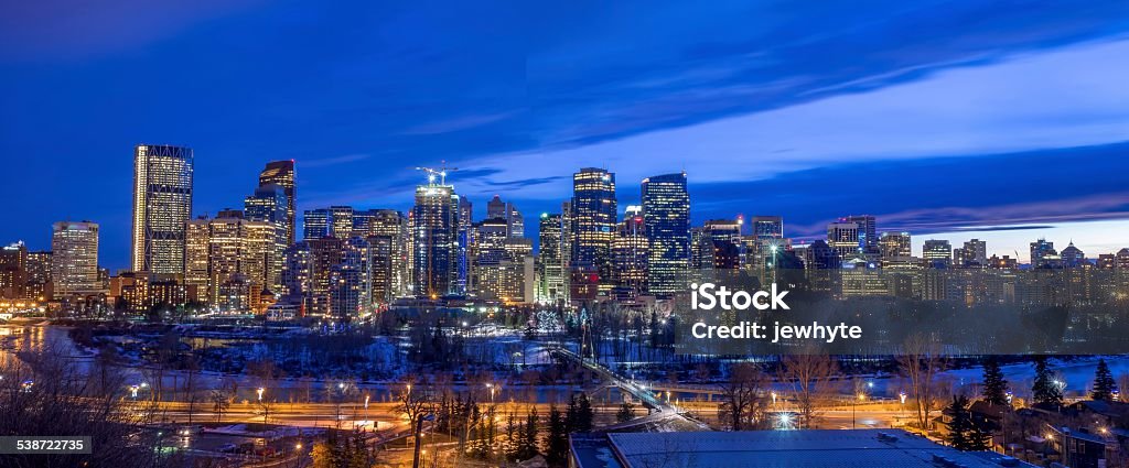 Calgary skyline Skyscrapers in the urban core at dusk on in Calgary, Alberta Canada. 2015 Stock Photo