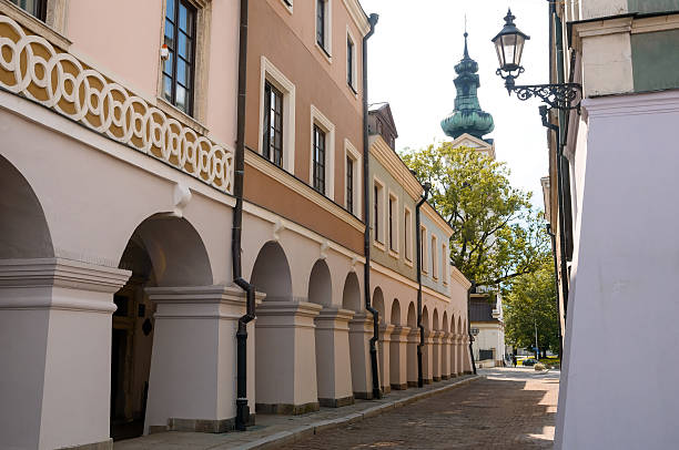 Historic buildings in Zamosc city center, Poland.