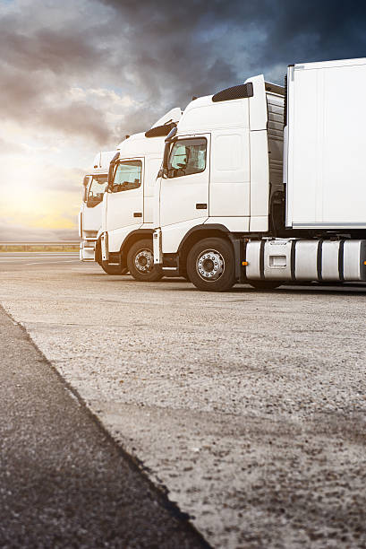 три белых грузовых в ряд - car stationary blue sky стоковые фото и изображения