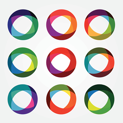 set collection of trendy multicolored overlapping transparent circle shaped design elements
