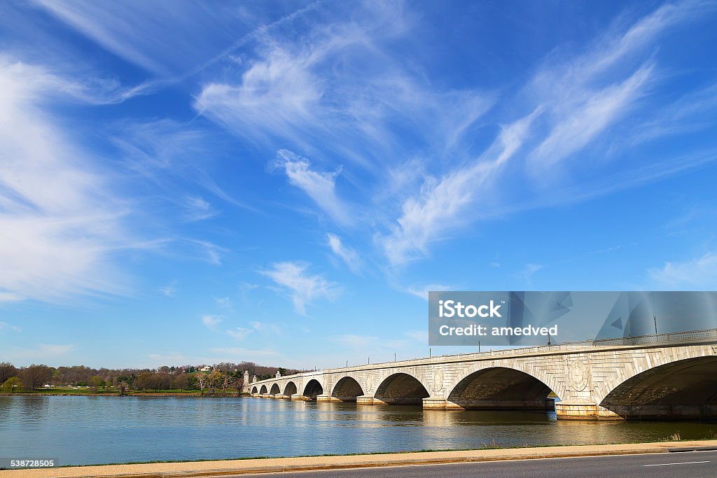 Arlington Memorial Bridge across Potomac River Early morning near the bridge in spring. Highway Stock Photo