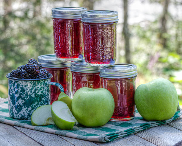 Homemade blackberry apple jam Jars of homemade blackberry and apple jelly marionberry stock pictures, royalty-free photos & images